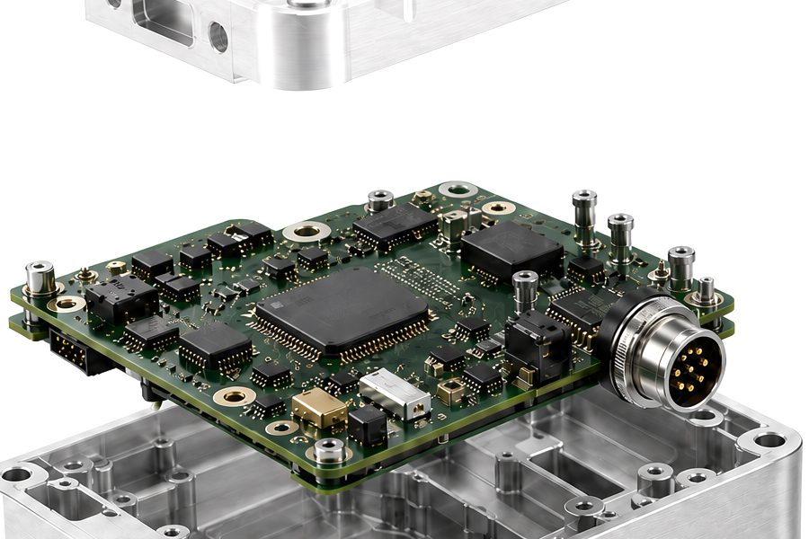 Konzeptdarstellung: bestückte Leiterplatte mit Mikrocontroller und Rundsteckverbinder zwischen Gehäuseober- und Gehäuseunterteil