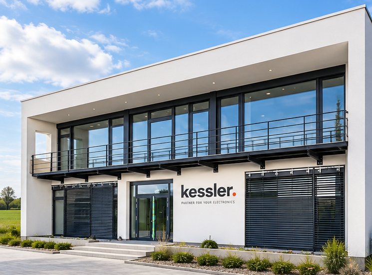 Das Firmengebäude mit kessler-Schriftzug an der Fassade: zweigeschossiger Bau mit umlaufendem Balkon im Obergeschoss und bepflanztem Eingangsbereich.